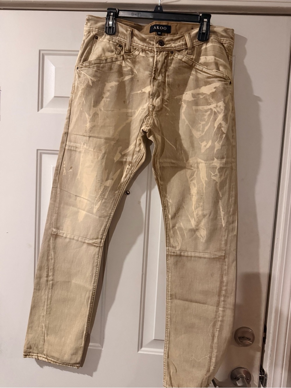 AKOO Tan Distressed Paint-Effect Jeans